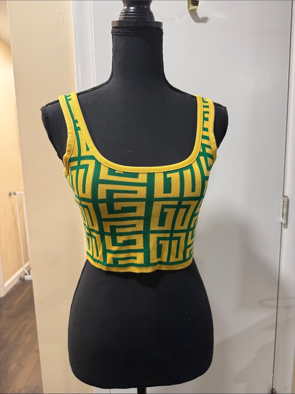Geometric Knit Crop Tank Top - Yellow & Green